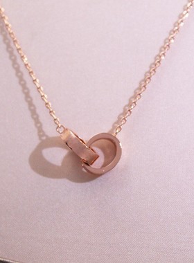 钛钢双环双扣项链单边钻款玫瑰金女欧美时尚情侣双圈不锈钢饰品潮