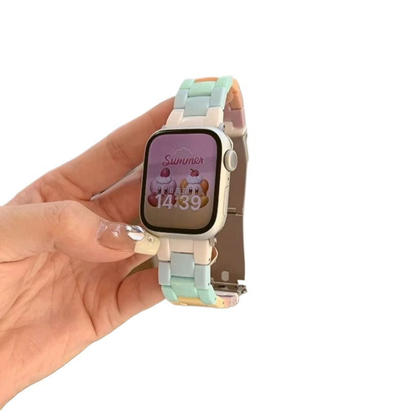 适用苹果手表表带iwatch树脂s9女款夏天applewatch手表带七彩色s8高级感s7可爱女生40/41/45mm创意se个性腕带-图3