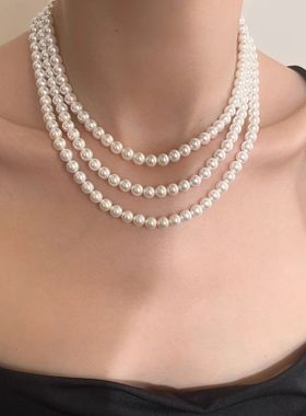 长款珍珠项链女秋冬毛衣链多层叠戴正圆强光仿珍珠颈链气质高级感