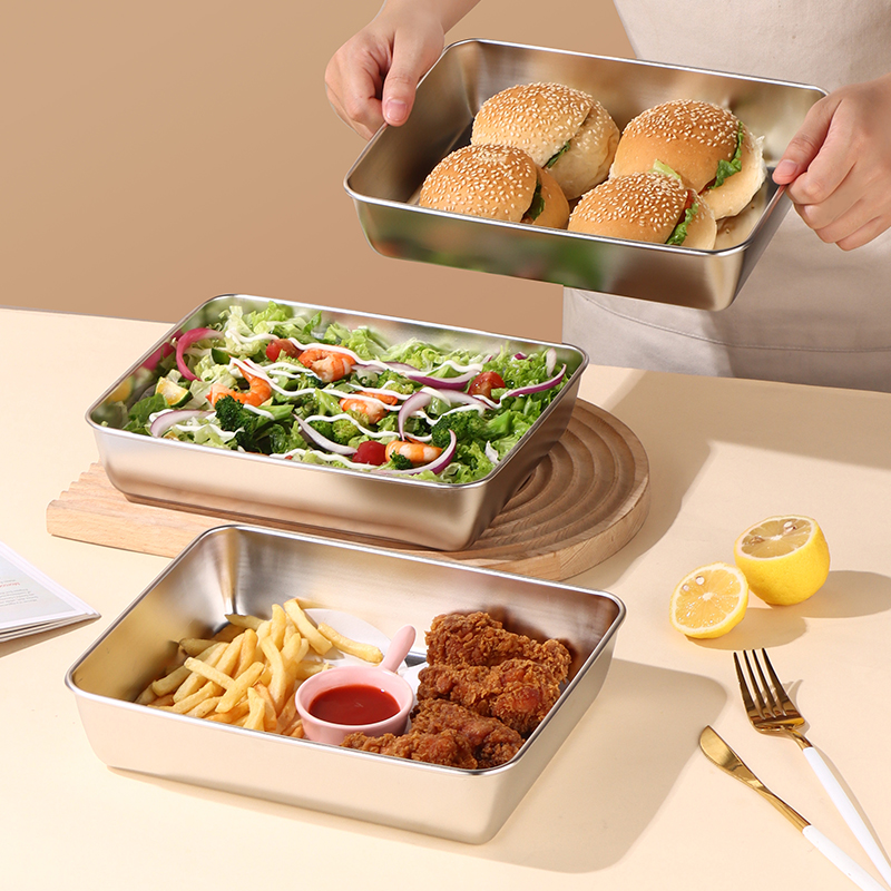316食品级不锈钢带盖保鲜盒方盘配菜盘蒸鱼托盘厨房盆饺子盒冰箱