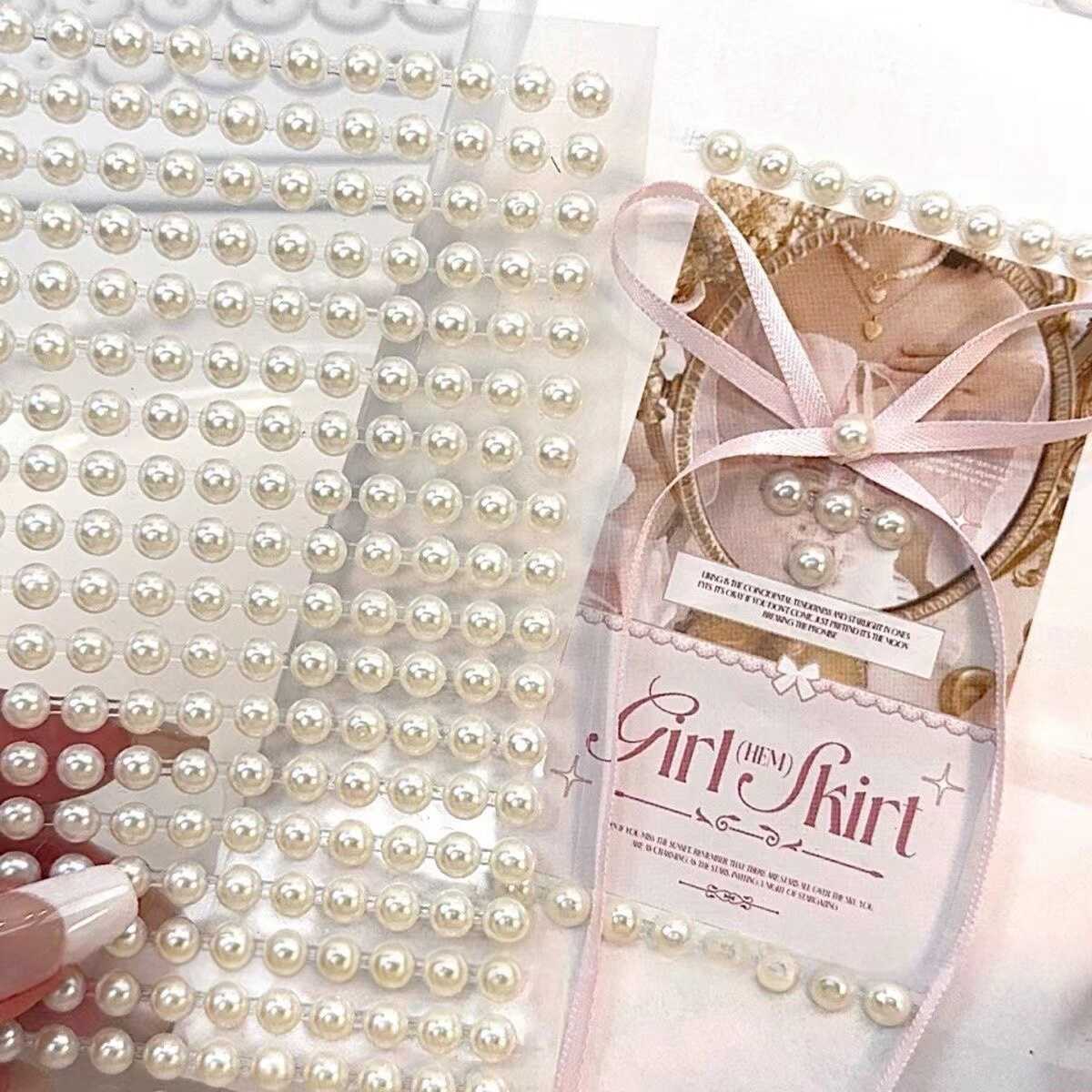 芭蕾风打包装饰米白色珍珠链条贴diy珍珠链贴纸手账礼物平价装饰贴水钻ins博主同款立体贴出卡打包材料配件贴 - 图2