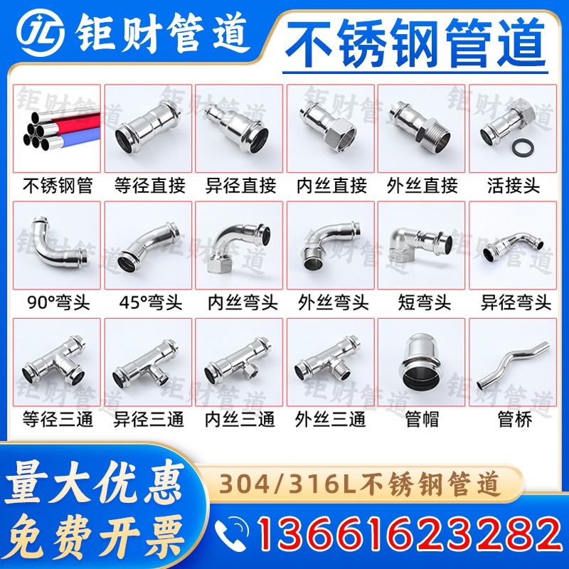 304不锈钢水管材卡压式接头薄壁1系2型国标欧标316L卫生级管道4分 - 图2