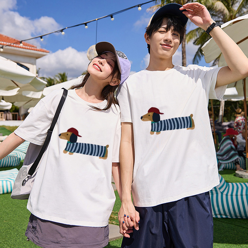 纯棉宽松腊肠狗印花短袖t恤男女情侣夏季新品百搭休闲上衣
