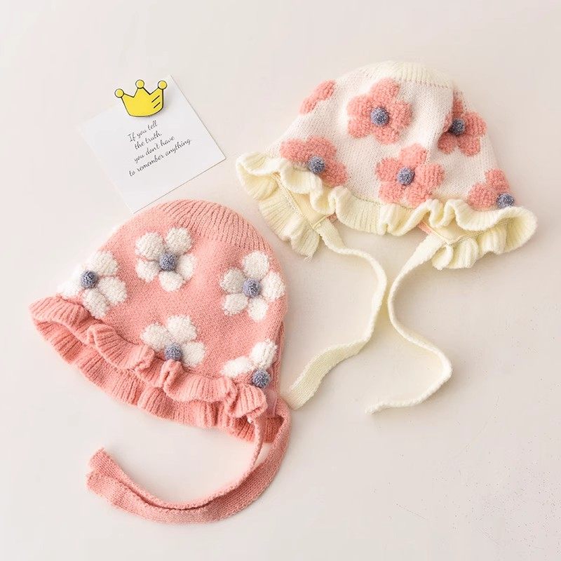 婴儿帽子秋冬款女宝宝公主风花边针织套头帽婴幼儿毛线护耳帽,淘宝优惠券,粉丝福利购,淘宝优惠卷