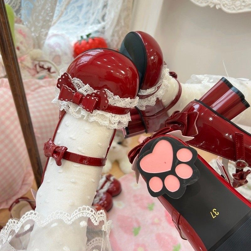 蔻孜现货【甜心蜜桃】夹心爱蜜桃原创Lolita圆头lo鞋蝴蝶结中跟鞋,淘宝优惠券,粉丝福利购,淘宝优惠卷