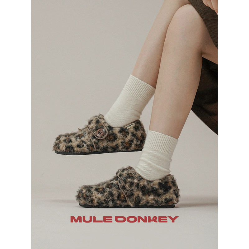 多嘴驴Doey勃肯鞋女秋冬季加绒保暖毛毛鞋一脚蹬毛绒豹纹棉鞋平底,淘宝优惠券,粉丝福利购,淘宝优惠卷