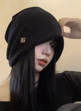 冷帽小标女士秋冬2026保暖针织包头堆堆帽加绒显脸小防风白色黑色