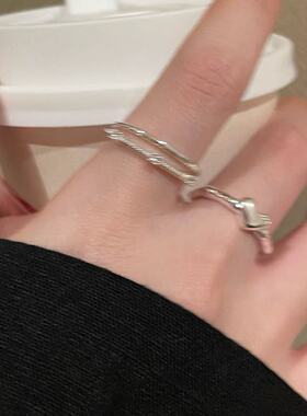 素圈闪钻戒指套装女轻奢小众设计高级感食指戒简约指环可调节双层