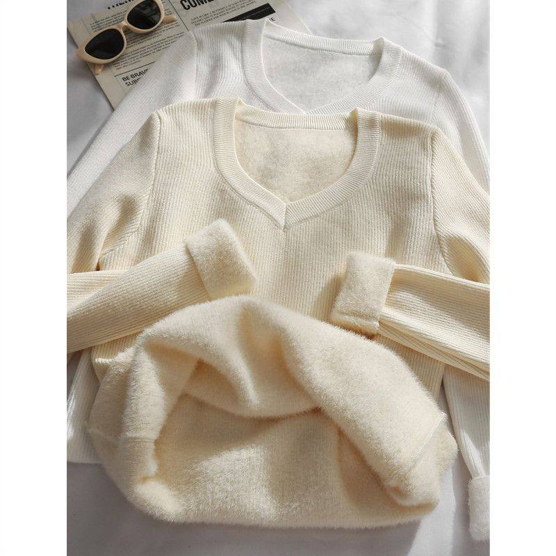 针织衫V领大码内搭打底女2025秋冬新款毛衣长袖加绒加厚保暖上衣,淘宝优惠券,粉丝福利购,淘宝优惠卷