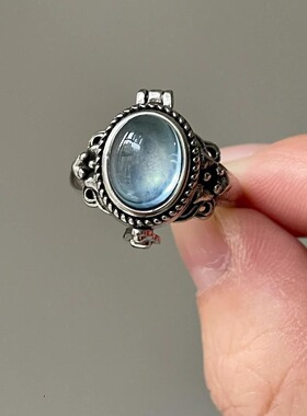 欧式复古浅蓝色水晶戒指小众设计独特开口指环轻奢高级感个性尾戒