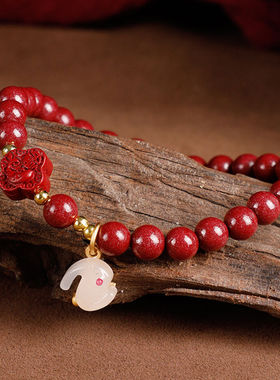 朱砂手串情侣款仿和田玉兔新中式国风手链送闺蜜中秋节礼物高颜值