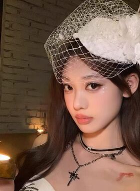 留洋千金!法式米白色网纱小礼帽头饰发夹女复古生日帽子发饰黑色