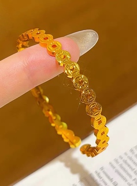 金店同款沙金碎冰铜钱手镯戒指镂空钱币开口指环轻奢送女友礼物