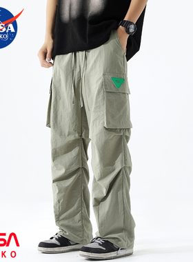 NASA联名美式多巴胺工装裤男夏季薄款紫色伞兵裤高街情侣直筒裤子