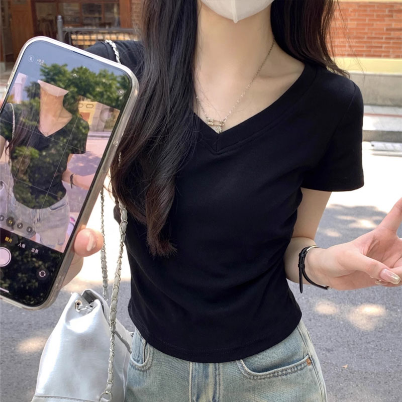 美式复古v领正肩短袖t恤女夏季设计感小众修身紧身高腰短上衣纯棉