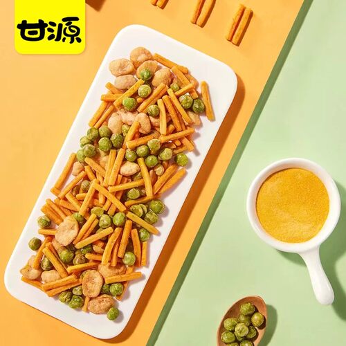 甘源蟹黄味/烤肉味/鲜虾味虾条豆果40包休闲童年食品膨化小吃青豆 - 图1
