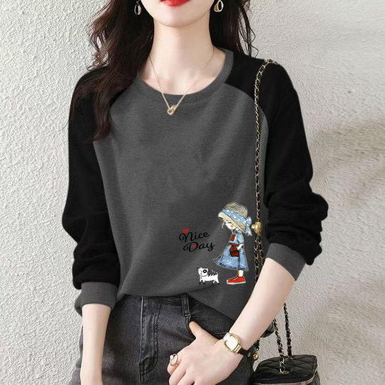 100% cotton long-sleeved T-shirt tops for women, autumn and winter Korean style loose fit to cover the flesh and look slimming, pullover outer wear, spliced thin sweatshirt E