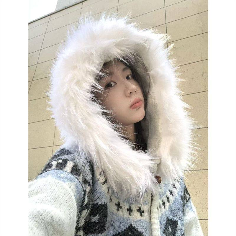 费尔岛可拆卸毛领连帽毛衣女秋冬高级感宽松大码内搭针织开衫,淘宝优惠券,粉丝福利购,淘宝优惠卷