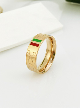V金镀咪金古家红绿杠戒指玫瑰金指环男女情侣对戒尾戒食指饰品欧