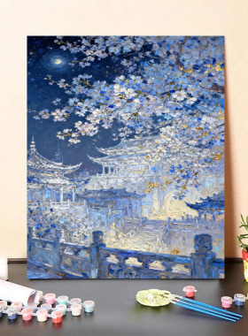 DIY数字油画古建筑樱花夜景