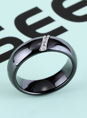欧美跨境亚马逊热卖 简约6MM斜边陶瓷戒指潮流钛钢镶锆石指环批发