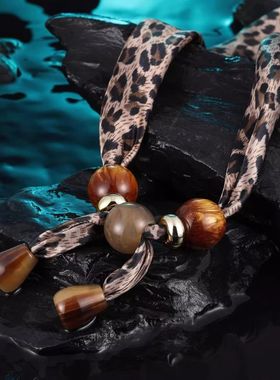 美拉德豹纹丝巾项链女长款毛衣链