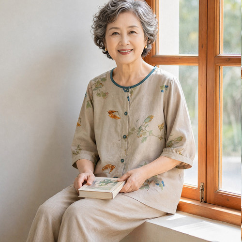 中老年人女装夏季绵绸开衫两件套妈妈装宽松上衣奶奶套装薄款衬衫 - 图0