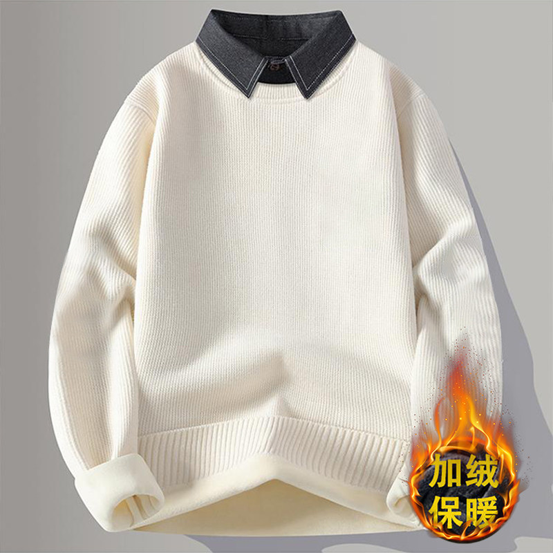 2025秋冬季男士加绒加厚保暖上装毛衣假两件男装衬衣领针织衫薄款,淘宝优惠券,粉丝福利购,淘宝优惠卷