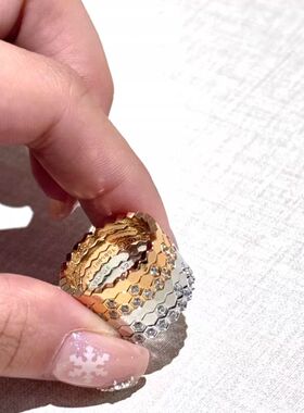 爆款蜂巢戒指女高级感满钻18k玫瑰金蜂窝叠戴排钻高级感925银指环