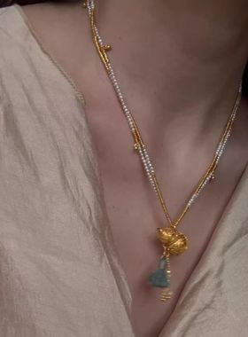 新中式国风錾刻葫芦珍珠项链串珠双层锁骨链绝美流苏项链毛衣链