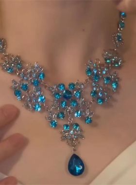 秋冬新款超闪蓝色水滴锆石项链套装女高级感晚宴礼服配饰锁骨链潮