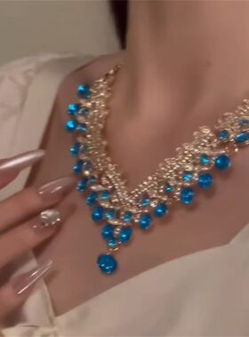 超闪蓝色镶钻项链耳环套装女轻奢气质设计高级感晚宴礼服颈链配饰