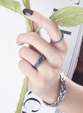 欧美简约复古麻花钛钢戒指开口男女个性指环时尚百搭情侣对戒饰品