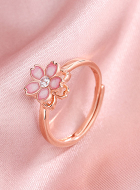 卡莱妮 s925银樱花旋转戒指指环ins甜美风花朵戒指s925纯银戒指女