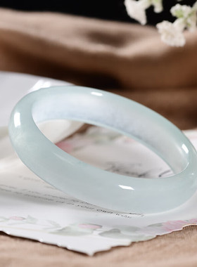 正品高冰透浅绿色玉镯女款冰种水沫玉手镯子库里蓝真玉石天青冻镯