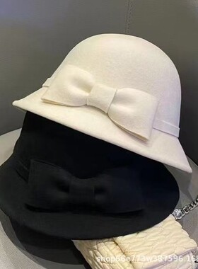 千金蝴蝶结白色圆顶礼帽女士秋冬法式高端洋气渔夫帽显脸小