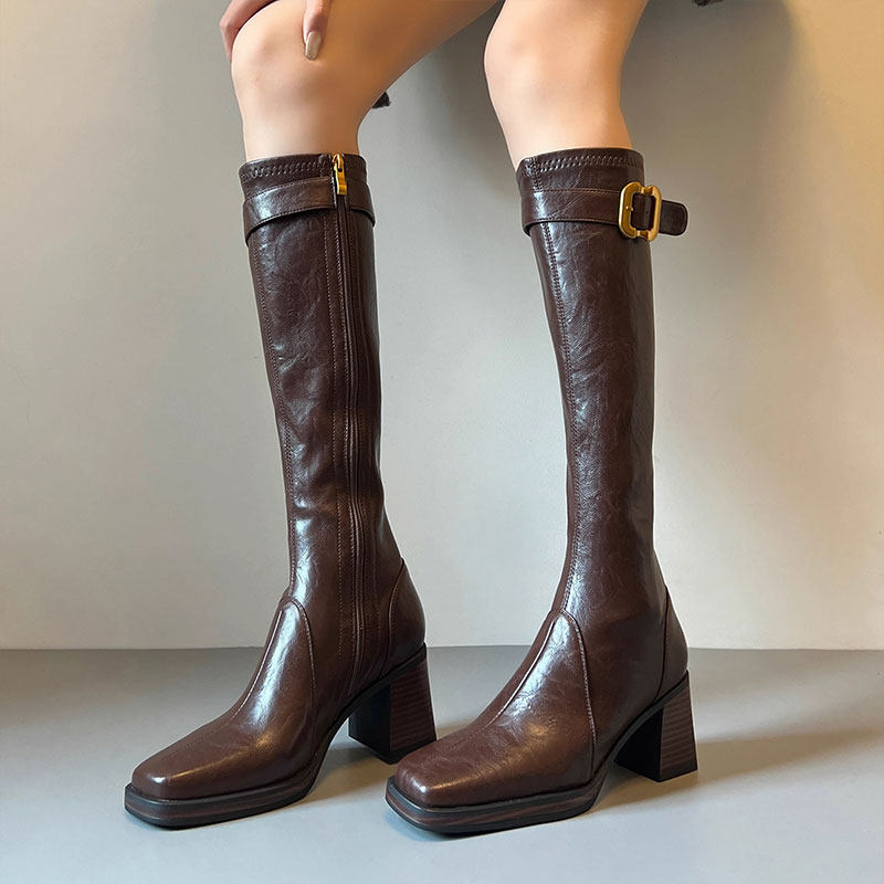 辣妹风高跟长筒靴女2025秋冬新款方头长靴子骑士靴黑色高筒腿型,淘宝优惠券,粉丝福利购,淘宝优惠卷