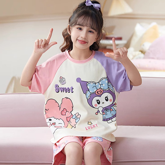 女童新款透气夏季薄款短袖纯棉公主风睡裙2025夏款家居服套装洋气