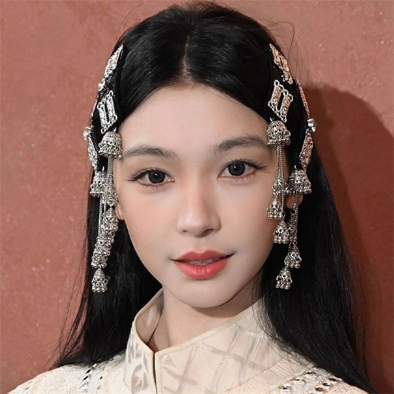 易梦玲同款流苏银色发饰民族风长款发夹发饰女刘海夹子蒙古族草原 - 图1