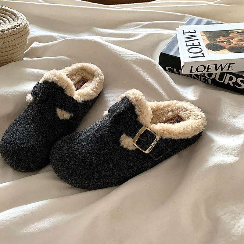 ~加绒勃肯半拖鞋女外穿ins毛茸茸一脚蹬保暖棉拖鞋灰色毛绒平底 - 图0