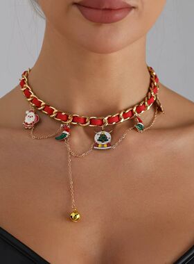 2026新款卡通项链时尚小众设计圣诞老人铃铛流苏吊坠丝带编织颈链