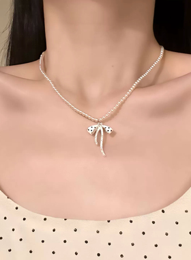 甜美波点珍珠蝴蝶结项链耳环女轻奢高级感可两戴小众精致绝美耳饰