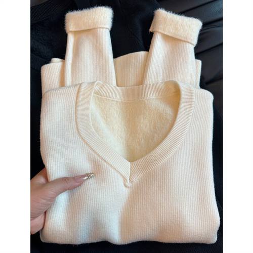 加绒加厚保暖亲肤打底衫上衣女2025秋冬气质大码内搭V领针织毛衣 - 图2