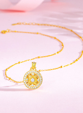 s925纯银罗盘太阳花项链女法式轻奢风镶钻锁骨链黄金同款送礼物