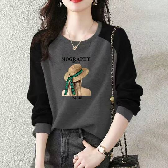 100% cotton long-sleeved T-shirt tops for women, autumn and winter Korean style loose fit to cover the flesh and look slimming, pullover outer wear, spliced thin sweatshirt E