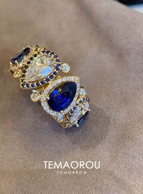 Vintager中古蓝锆石水滴闪钻戒指女重工小众设计食指戒复古指环