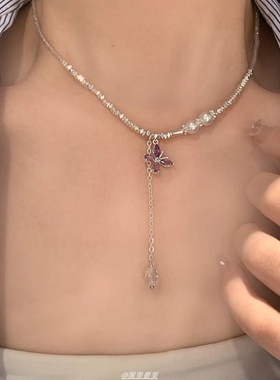 轻奢清新锆石蝴蝶珍珠碎银项链紫色高级感长款碎银子串珠锁骨链