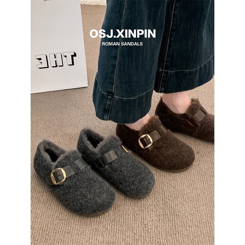 灰色两穿毛呢勃肯鞋女2025冬季新款百搭加绒保暖一脚蹬厚底棉鞋子,淘宝优惠券,粉丝福利购,淘宝优惠卷