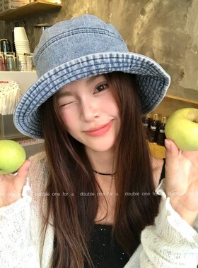 水洗日系复古牛仔盆帽子女韩版素颜遮脸百搭显脸小渔夫帽蓝色黑色
