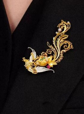 古法金色花丝凤凰牡丹花胸针女新中式复古宫廷风小众轻奢秋冬胸花